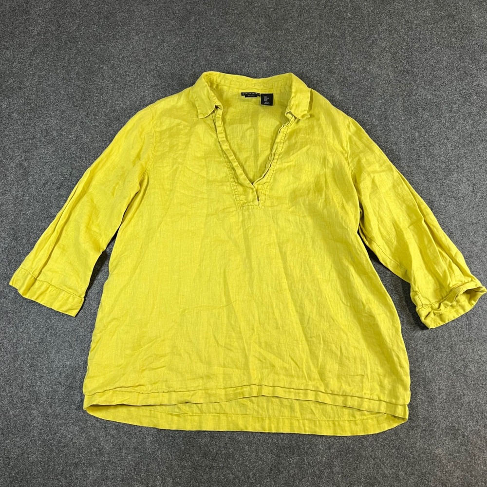 Tahari Women Yellow 100% Linen V-Neck Tunic Top 3/4 Sleeve Size M Chartreuse